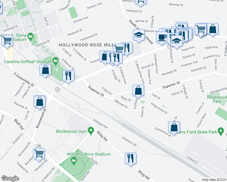 map of restaurants, bars, coffee shops, grocery stores, and more near 471 South Pickens Street in Columbia