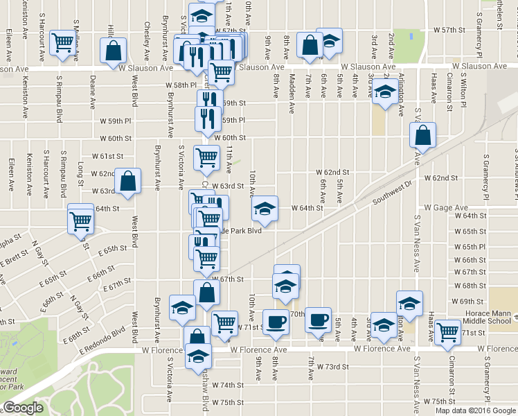 map of restaurants, bars, coffee shops, grocery stores, and more near 6340 10th Avenue in Los Angeles