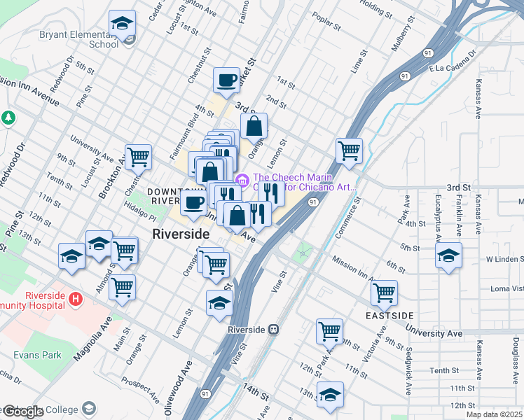 map of restaurants, bars, coffee shops, grocery stores, and more near 3425 Mission Inn Avenue in Riverside