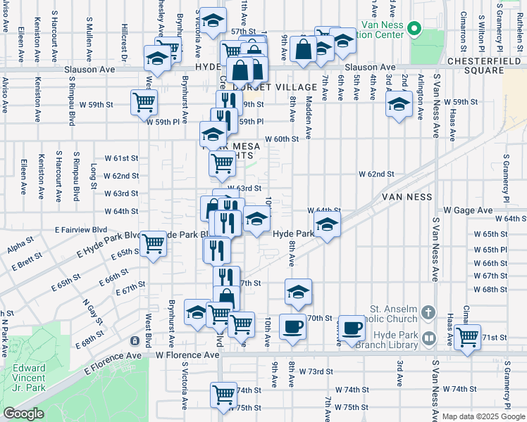map of restaurants, bars, coffee shops, grocery stores, and more near 6337 10th Avenue in Los Angeles