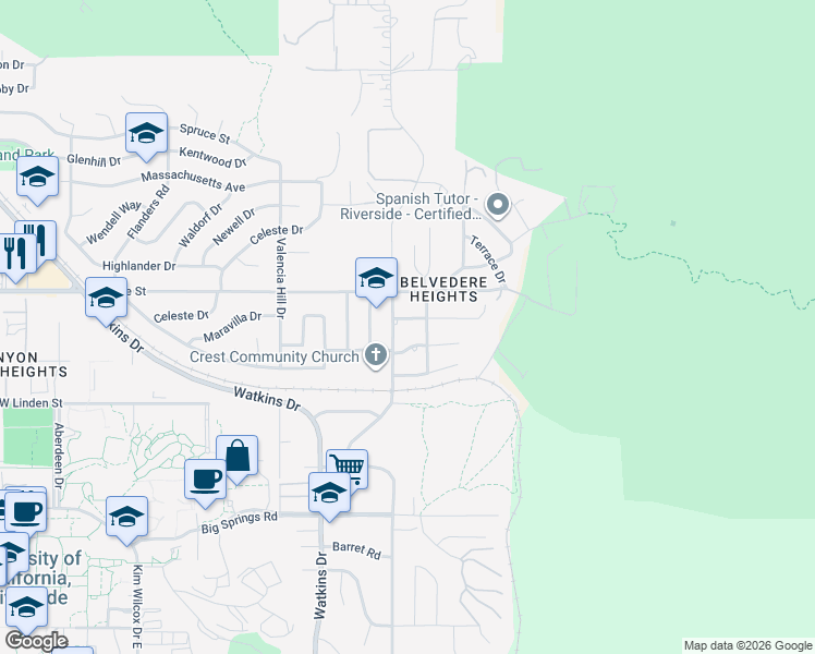 map of restaurants, bars, coffee shops, grocery stores, and more near 3326 Mount Vernon Avenue in Riverside