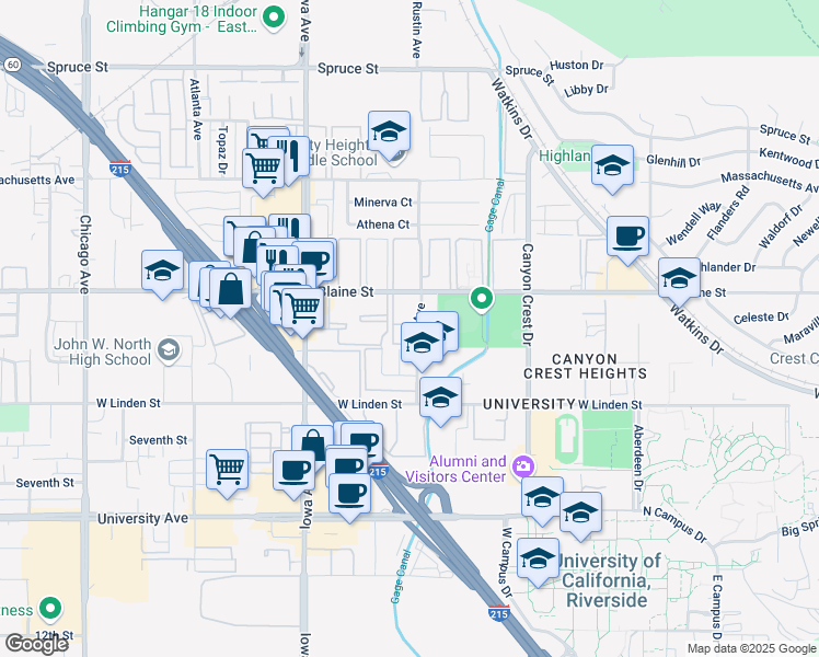 map of restaurants, bars, coffee shops, grocery stores, and more near 1130 West Blaine Street in Riverside