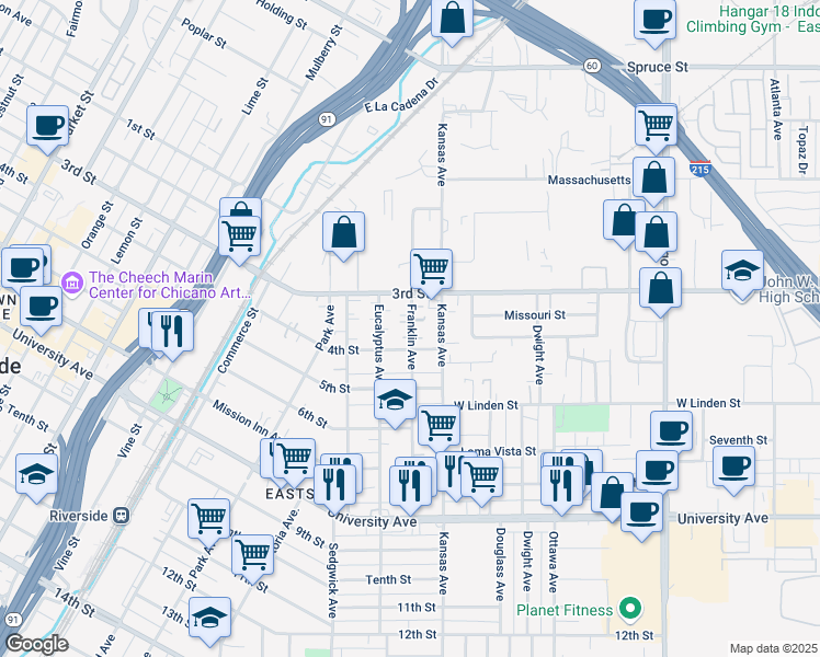 map of restaurants, bars, coffee shops, grocery stores, and more near 3323 Franklin Avenue in Riverside