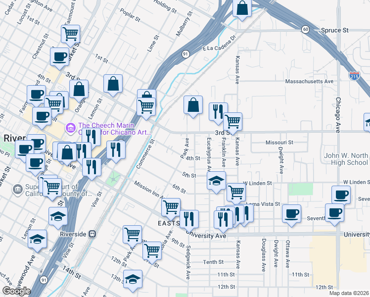 map of restaurants, bars, coffee shops, grocery stores, and more near 2486 3rd Street in Riverside
