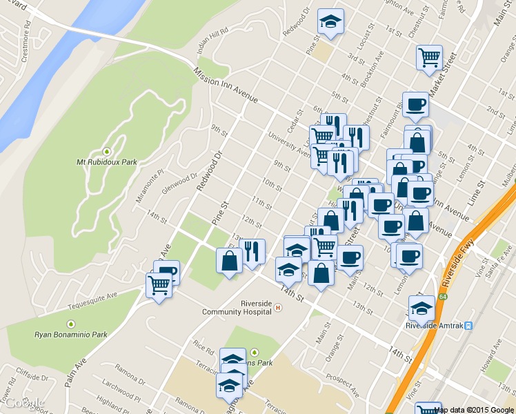 map of restaurants, bars, coffee shops, grocery stores, and more near 4023 Cedar Street in Riverside