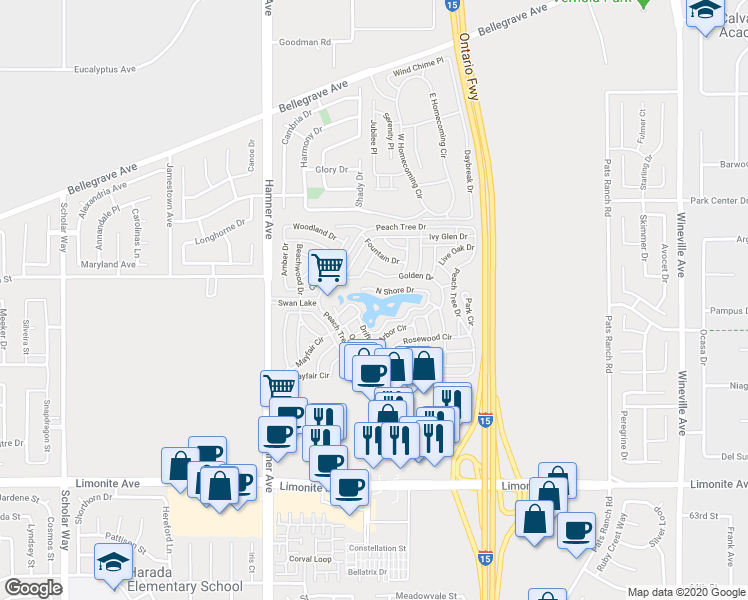map of restaurants, bars, coffee shops, grocery stores, and more near 559 Edgemont Drive in Eastvale