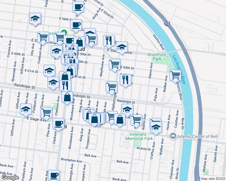 map of restaurants, bars, coffee shops, grocery stores, and more near 6112 Vinevale Avenue in Maywood