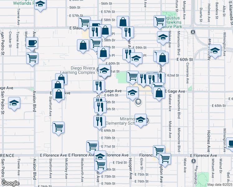 map of restaurants, bars, coffee shops, grocery stores, and more near 6300 South Central Avenue in Los Angeles