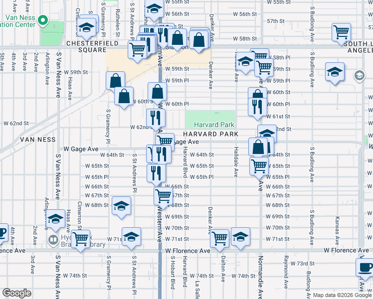map of restaurants, bars, coffee shops, grocery stores, and more near 1655 West Gage Avenue in Los Angeles