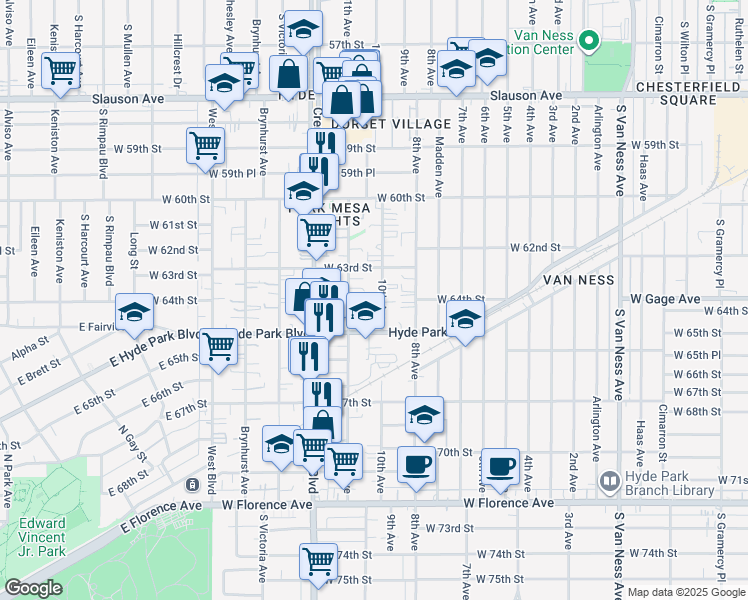 map of restaurants, bars, coffee shops, grocery stores, and more near 6310 11th Avenue in Los Angeles