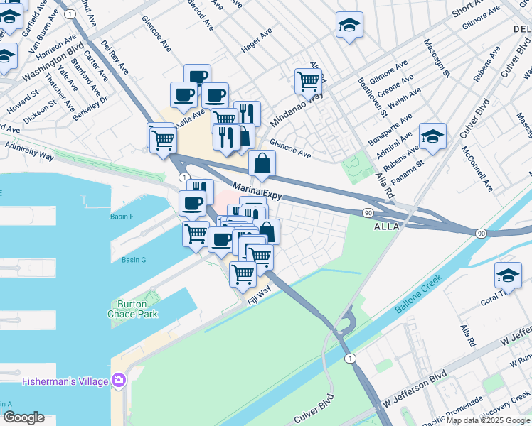 map of restaurants, bars, coffee shops, grocery stores, and more near 4710 La Villa Marina in Marina del Rey