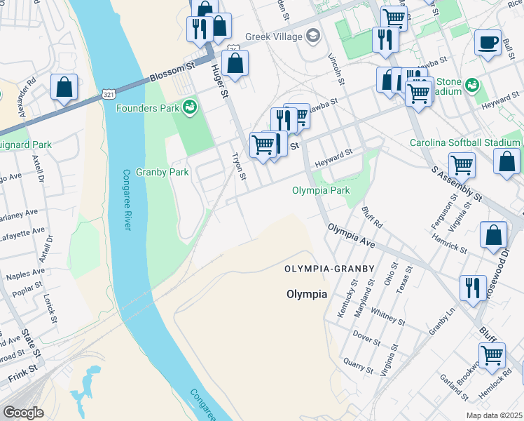 map of restaurants, bars, coffee shops, grocery stores, and more near 510 Heyward Street in Columbia