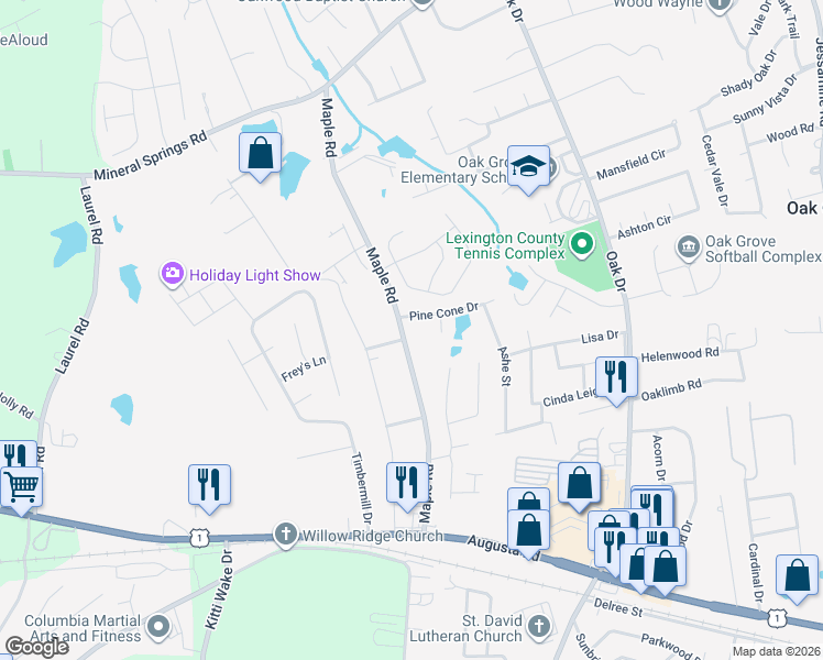 map of restaurants, bars, coffee shops, grocery stores, and more near 103 Pine Cone Drive in Lexington