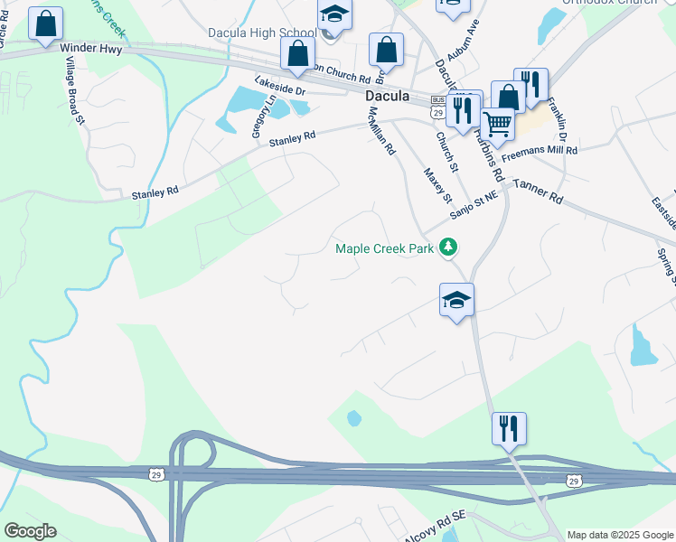 map of restaurants, bars, coffee shops, grocery stores, and more near 425 Charlyne Way in Dacula
