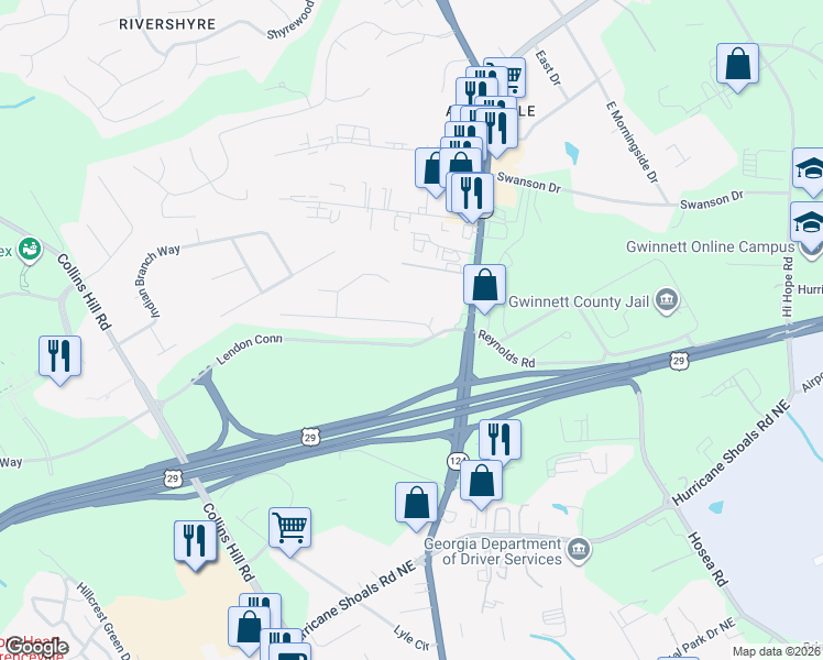 map of restaurants, bars, coffee shops, grocery stores, and more near 261 Lendon Lane in Lawrenceville