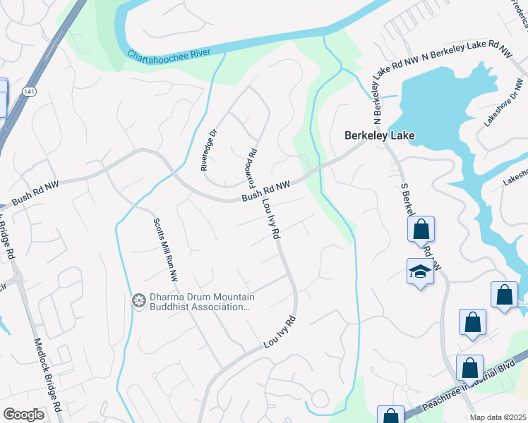 map of restaurants, bars, coffee shops, grocery stores, and more near 4657 Lou Ivy Road in Duluth
