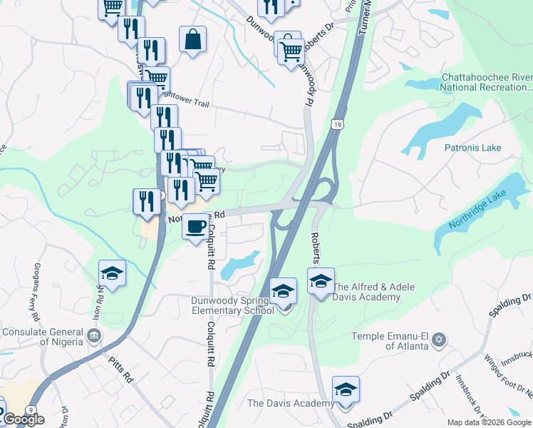 map of restaurants, bars, coffee shops, grocery stores, and more near 595 Northridge Road in Atlanta