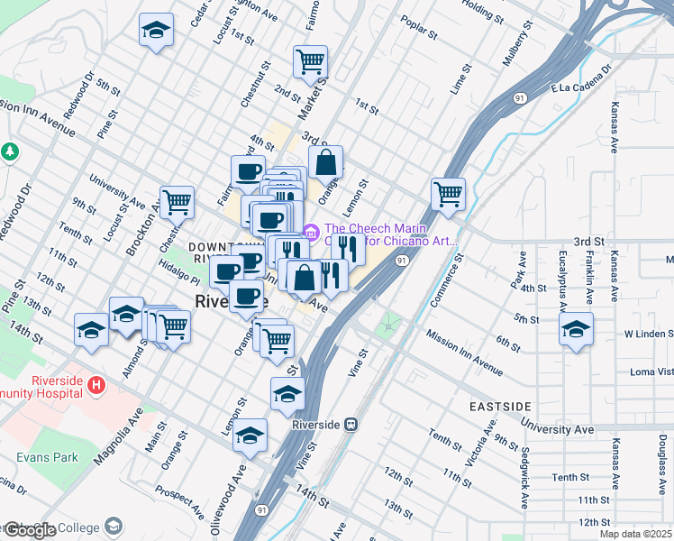 map of restaurants, bars, coffee shops, grocery stores, and more near 3425 Mission Inn Avenue in Riverside