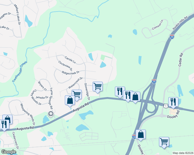 map of restaurants, bars, coffee shops, grocery stores, and more near 64 Ridgecreek Drive in Lexington