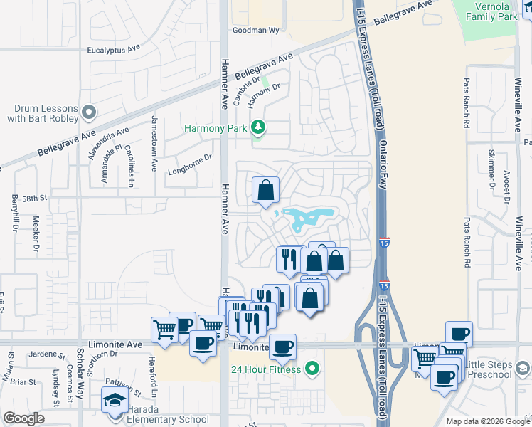 map of restaurants, bars, coffee shops, grocery stores, and more near 5800 Hamner Avenue in Mira Loma