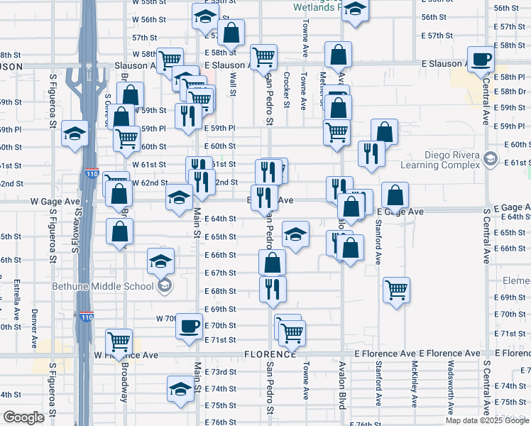 map of restaurants, bars, coffee shops, grocery stores, and more near 6323 San Pedro Street in Los Angeles