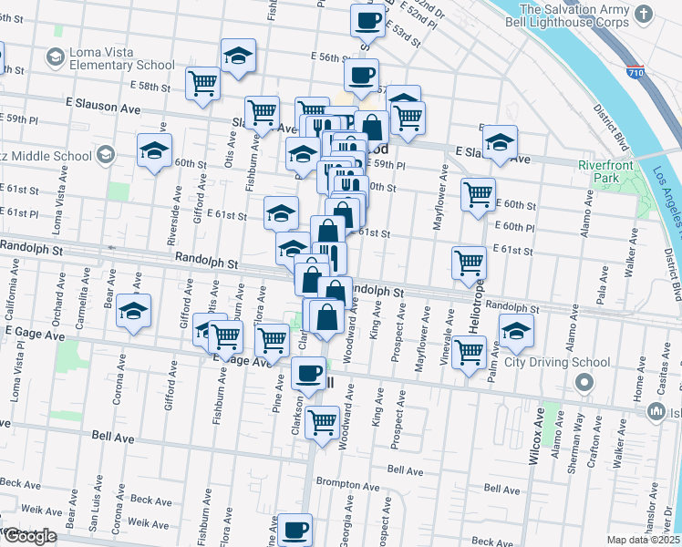 map of restaurants, bars, coffee shops, grocery stores, and more near 6135 Atlantic Boulevard in Maywood