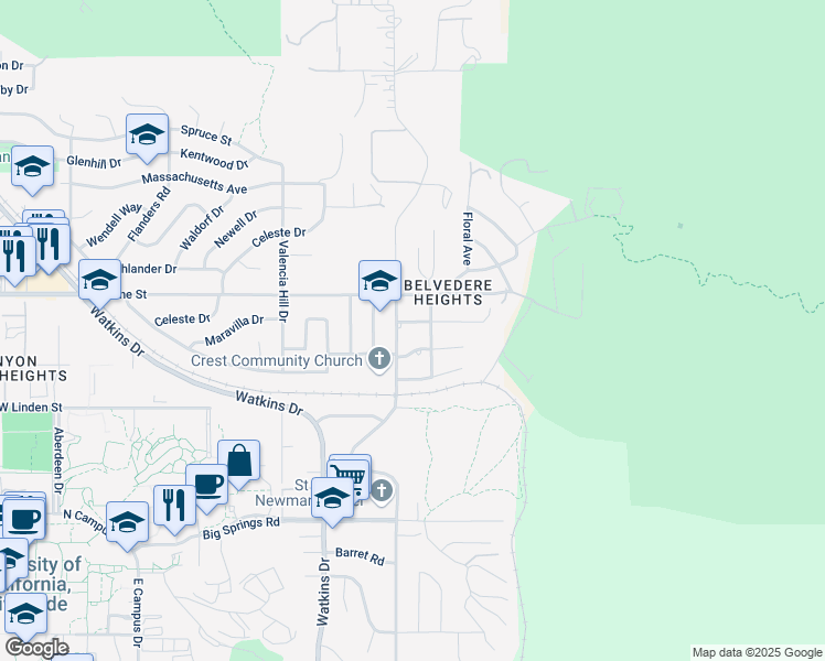 map of restaurants, bars, coffee shops, grocery stores, and more near 138 Green Oaks Drive in Riverside