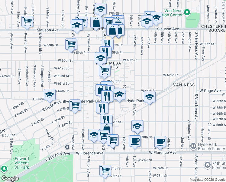 map of restaurants, bars, coffee shops, grocery stores, and more near 6310 11th Avenue in Los Angeles