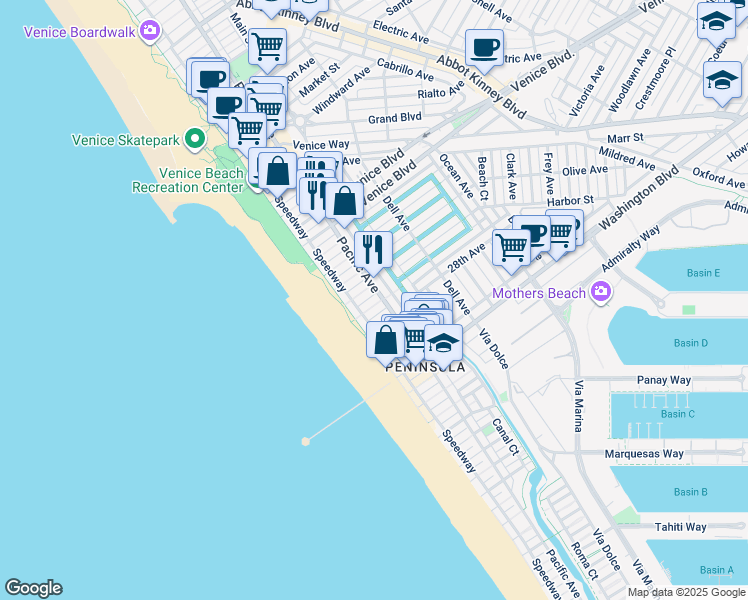 map of restaurants, bars, coffee shops, grocery stores, and more near 51 27th Avenue in Los Angeles