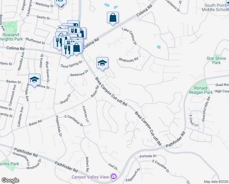 map of restaurants, bars, coffee shops, grocery stores, and more near 2059 Dacian Drive South in Walnut