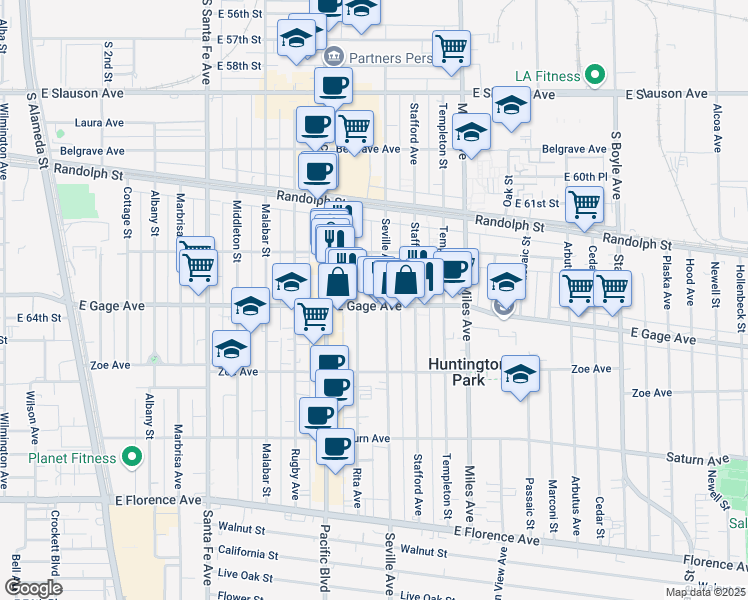 map of restaurants, bars, coffee shops, grocery stores, and more near 6336 Seville Avenue in Huntington Park