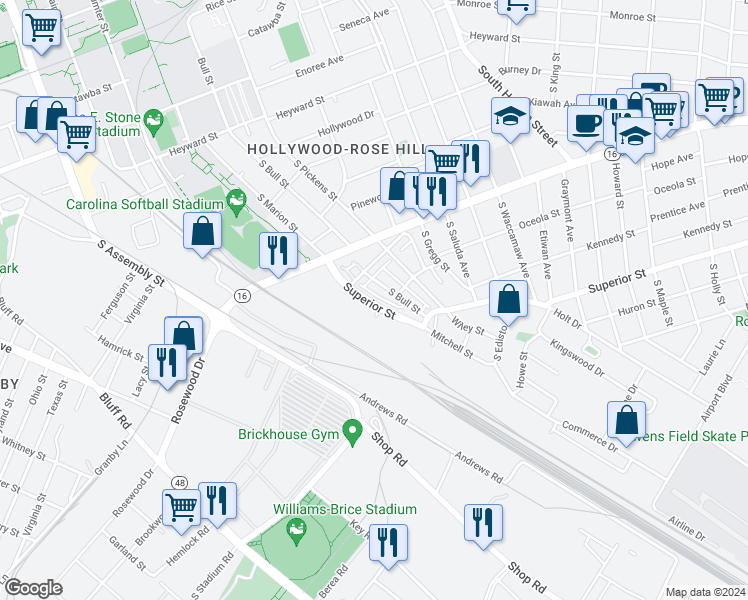 map of restaurants, bars, coffee shops, grocery stores, and more near 560 Superior Street in Columbia