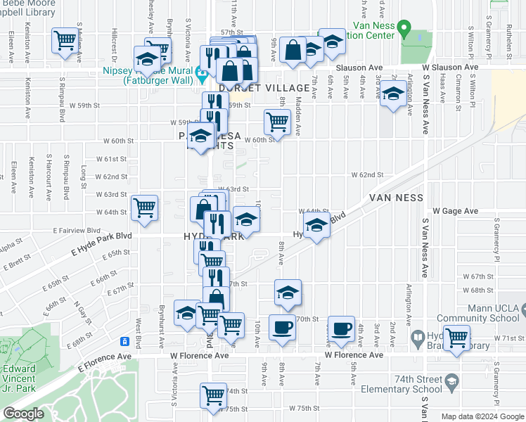 map of restaurants, bars, coffee shops, grocery stores, and more near 6340 10th Avenue in Los Angeles