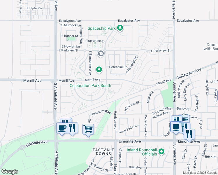 map of restaurants, bars, coffee shops, grocery stores, and more near 3105 East Discovery Street in Ontario