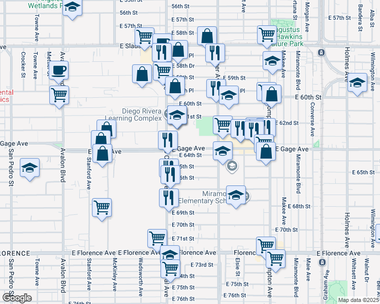 map of restaurants, bars, coffee shops, grocery stores, and more near 6300 South Central Avenue in Los Angeles