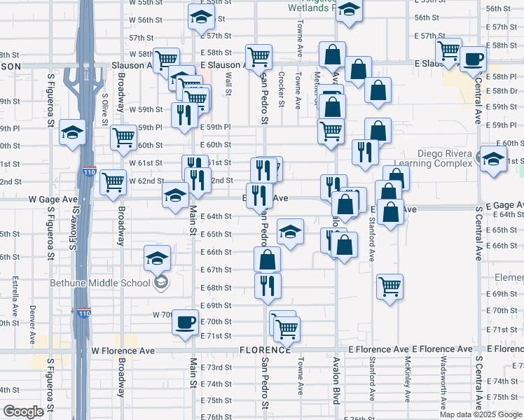 map of restaurants, bars, coffee shops, grocery stores, and more near 6323 San Pedro Street in Los Angeles