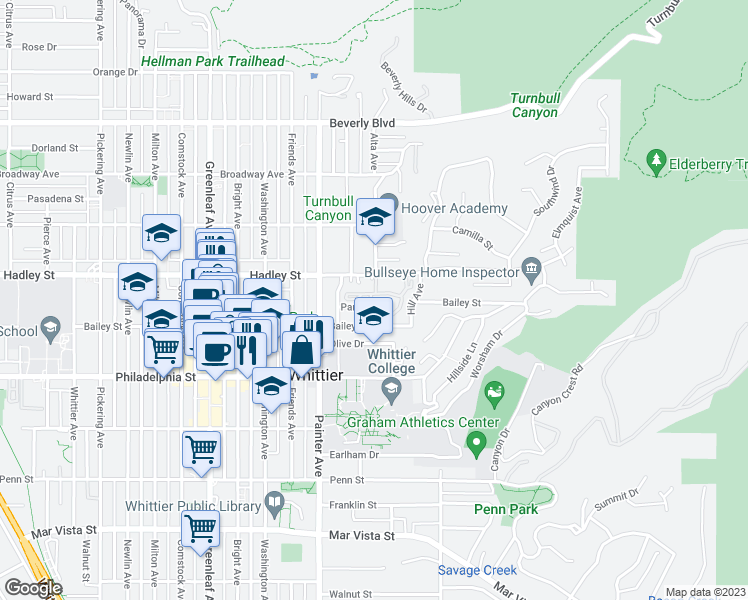map of restaurants, bars, coffee shops, grocery stores, and more near 13460 Hadley Street in Whittier