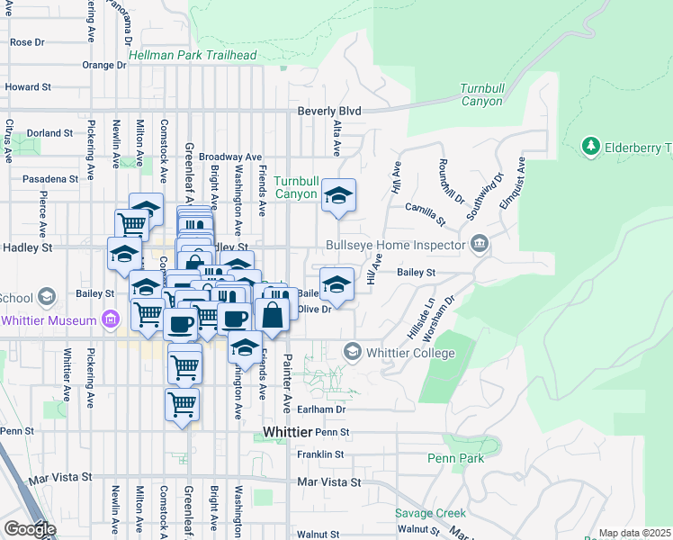 map of restaurants, bars, coffee shops, grocery stores, and more near 13504 Murphy Hill Drive in Whittier