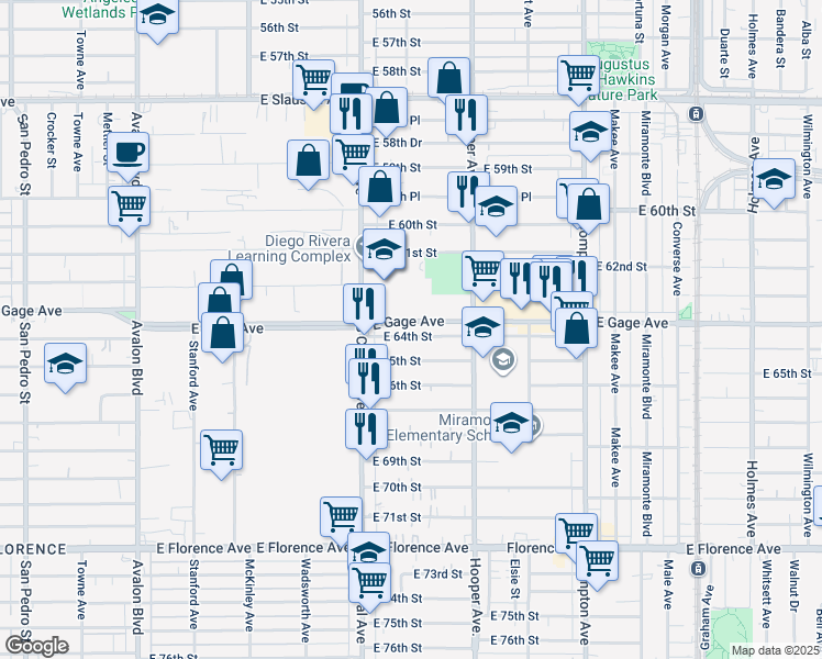 map of restaurants, bars, coffee shops, grocery stores, and more near 1159 East 64th Street in Los Angeles