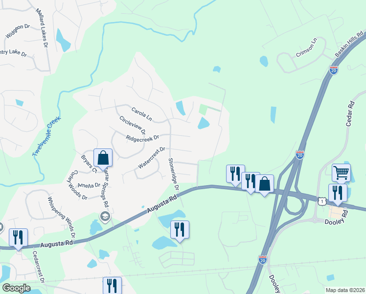 map of restaurants, bars, coffee shops, grocery stores, and more near 83 Ridgecreek Drive in Lexington