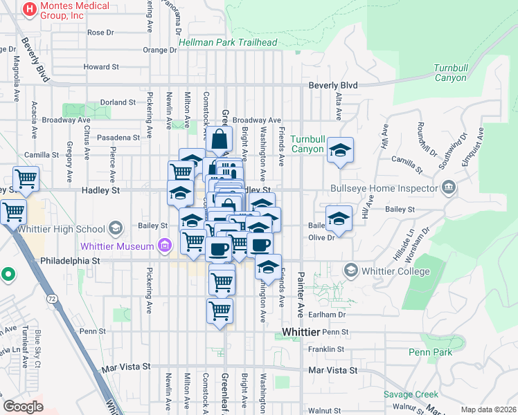 map of restaurants, bars, coffee shops, grocery stores, and more near 6529 Washington Avenue in Whittier