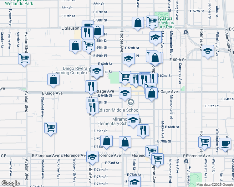 map of restaurants, bars, coffee shops, grocery stores, and more near 1241 1/2 East 64th Street in Los Angeles