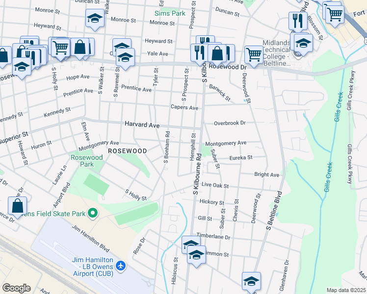 map of restaurants, bars, coffee shops, grocery stores, and more near 607 South Prospect Street in Columbia