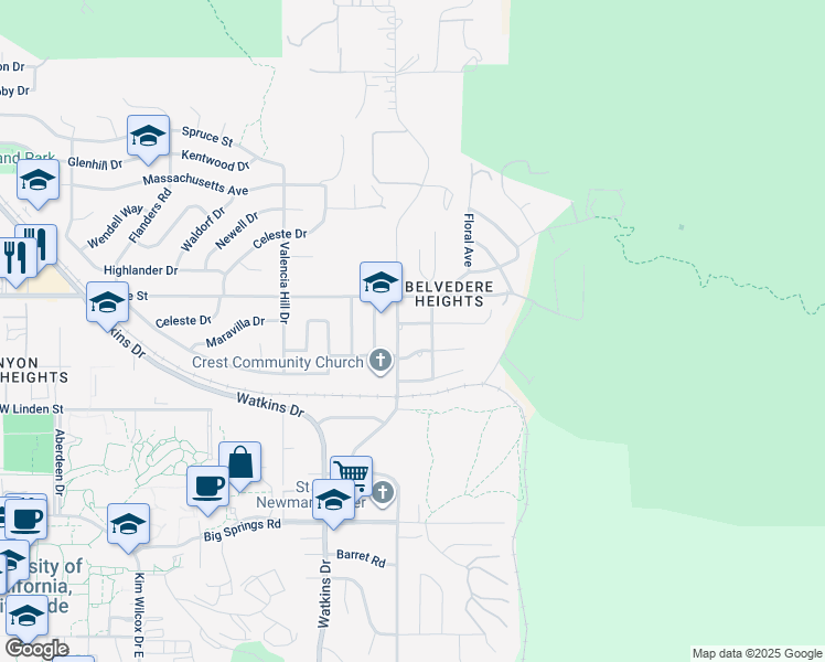map of restaurants, bars, coffee shops, grocery stores, and more near 138 Green Oaks Drive in Riverside