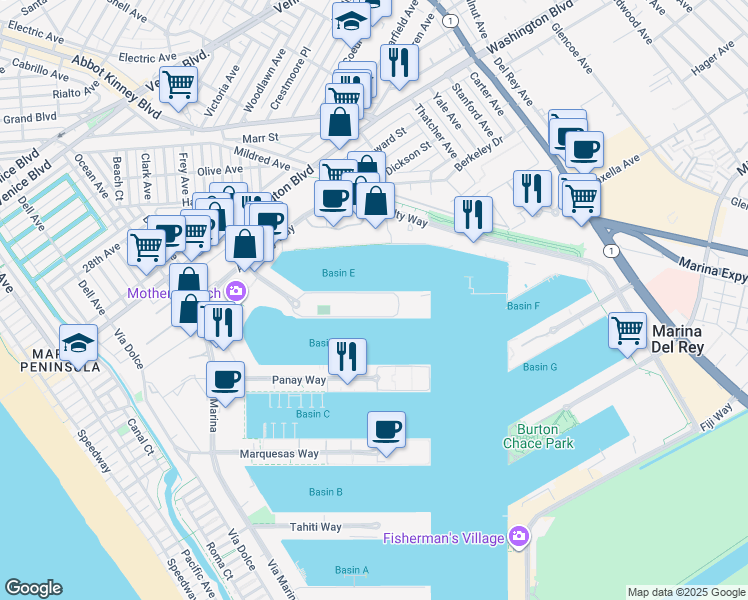 map of restaurants, bars, coffee shops, grocery stores, and more near 14002 Palawan Way in Marina del Rey