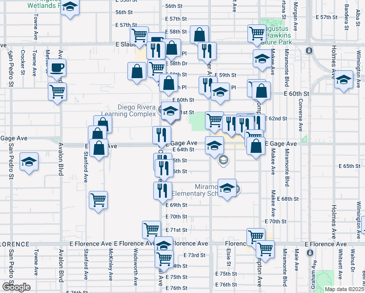 map of restaurants, bars, coffee shops, grocery stores, and more near 1159 East 64th Street in Los Angeles
