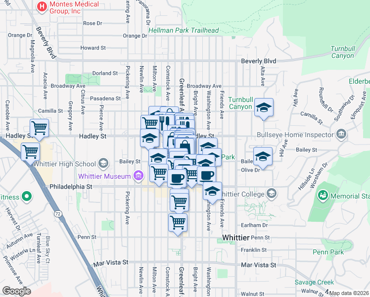 map of restaurants, bars, coffee shops, grocery stores, and more near 13022 Hadley Street in Whittier