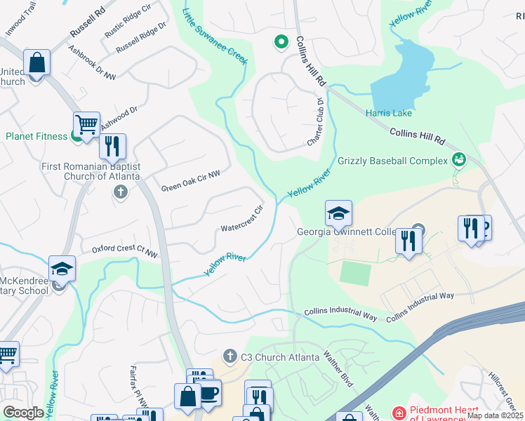map of restaurants, bars, coffee shops, grocery stores, and more near 1695 Watercrest Circle in Lawrenceville