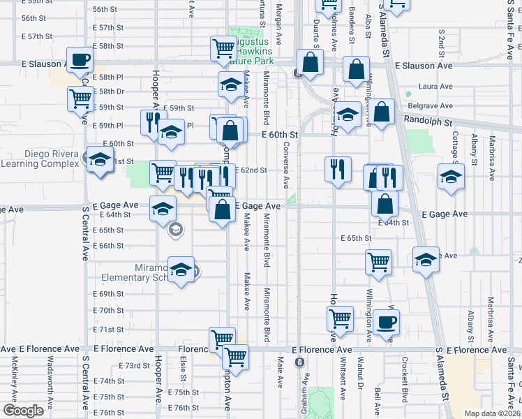 map of restaurants, bars, coffee shops, grocery stores, and more near 6318 Miramonte Boulevard in Los Angeles