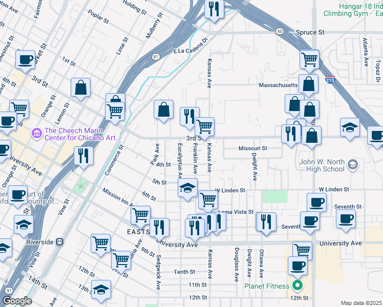 map of restaurants, bars, coffee shops, grocery stores, and more near 3361 Franklin Avenue in Riverside